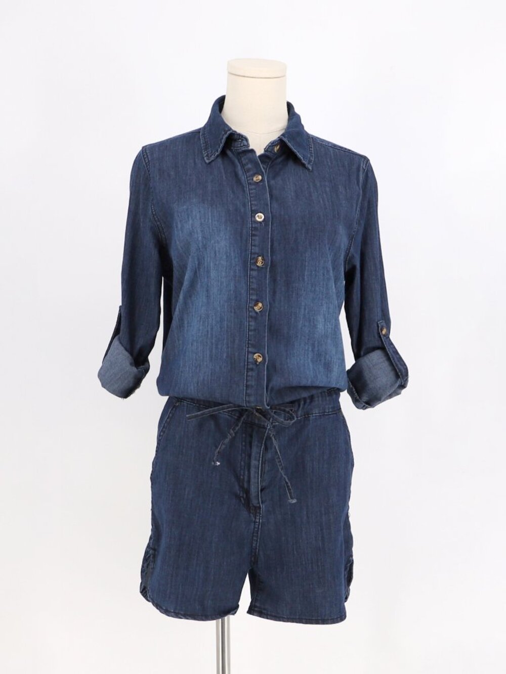 JUDY BLUE Roll Tab Sleeve Tie Waist Romper Dark Wash Blue Size S